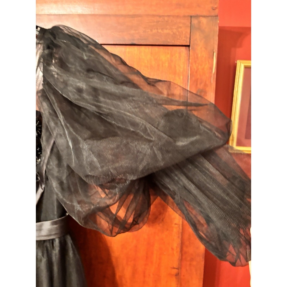 Vintage Black Tulle Ball Gown Dress Beaded Corset Lace Up Puff Sleeves Size 1O - Picture 5 of 9